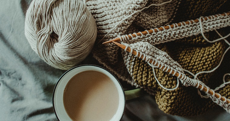 Knitting Project with Coffee, depicting one of my creative passions