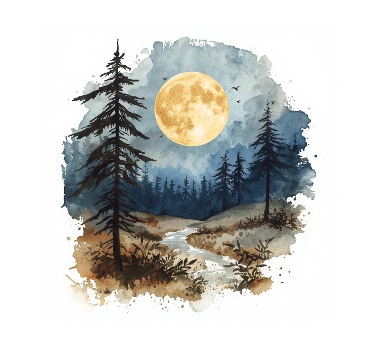 Peaceful scene of a full moon over a river and trees