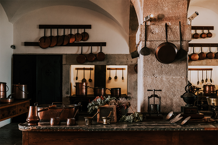 Vintage kitchen with lots of pots and pans