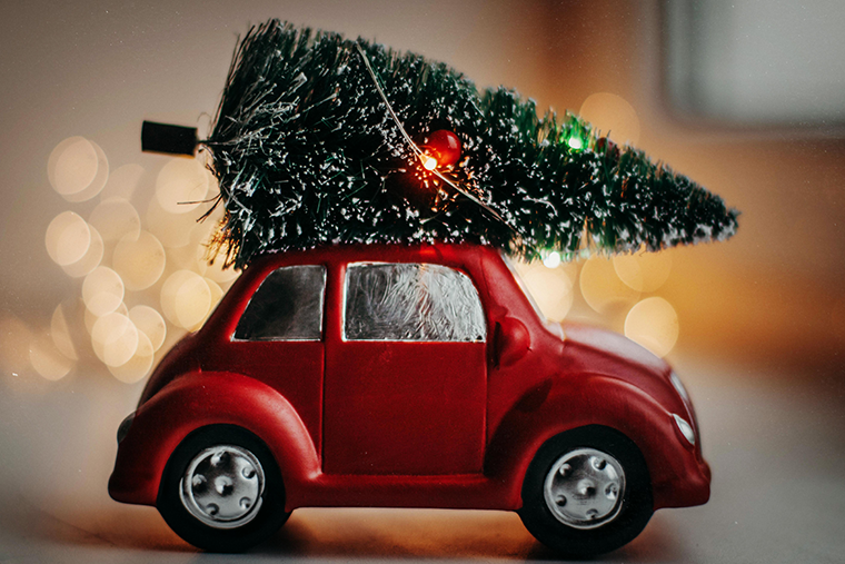 A Christmas tree atop the family car - reaching out to help others is one way to support your holiday wellness.