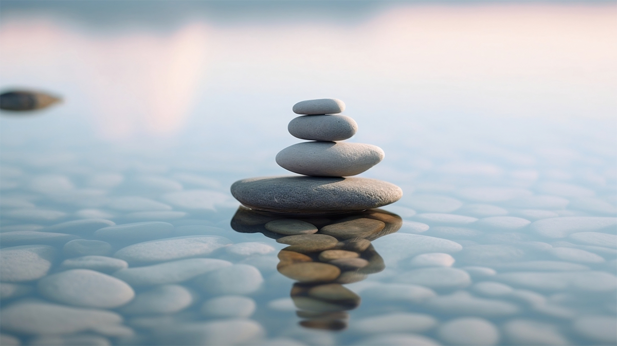 Stacked rocks in water, representing wellness.