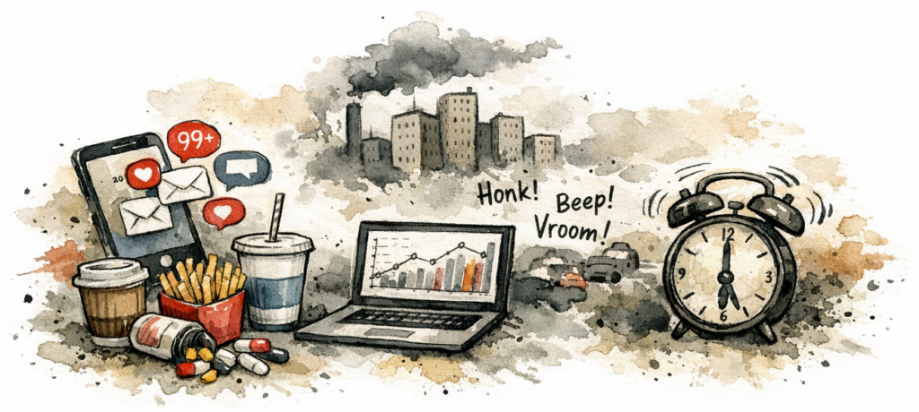 An Image depicting the chaos of modern life, that messes with midlife wellness