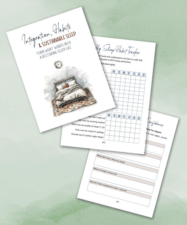 Pages from the Sleep & Recovery workbook, including trackers and journal prompts